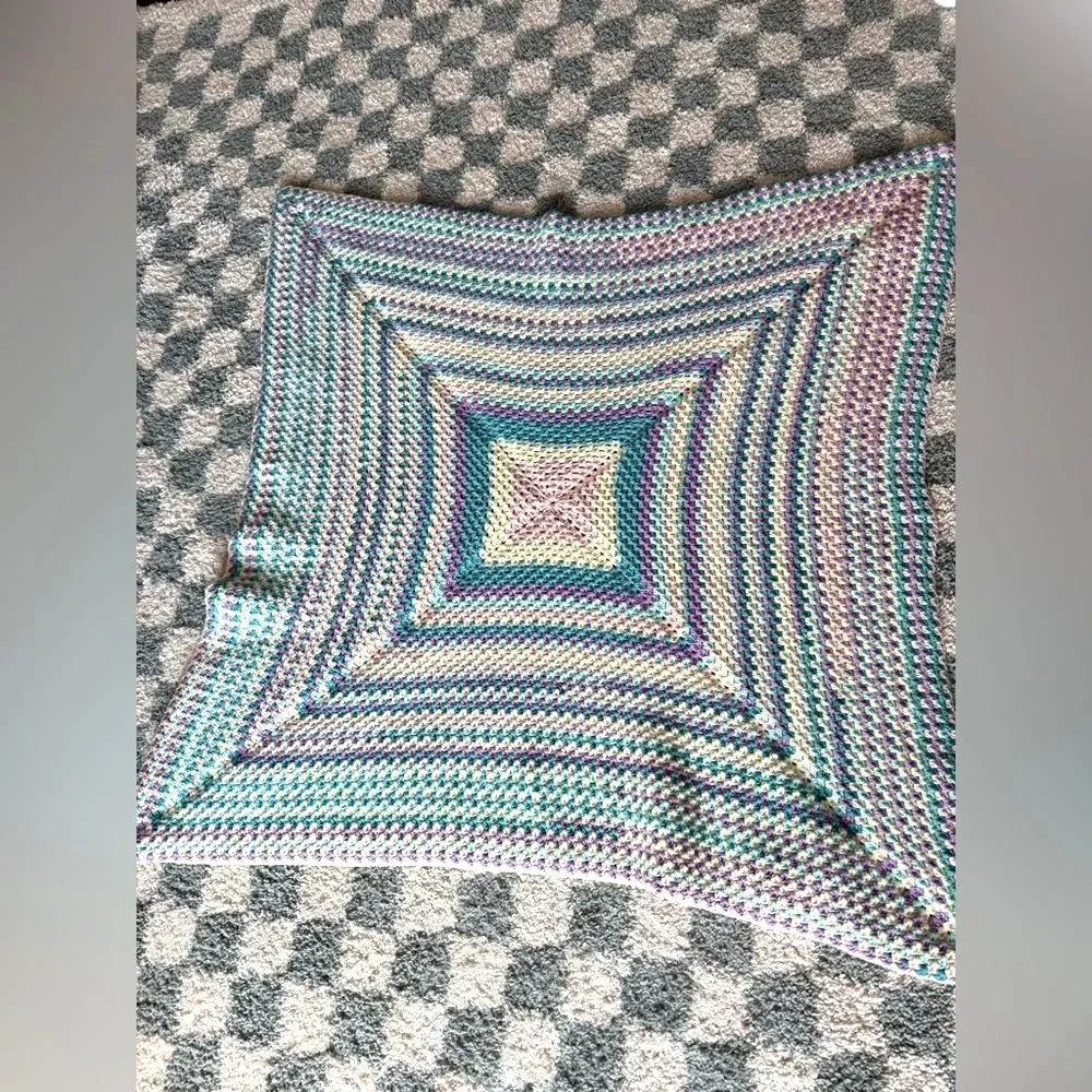 VTG 70s Afghan Blanket Crochet Hippie Boho Multi Color Handmade Blue Pink Cream